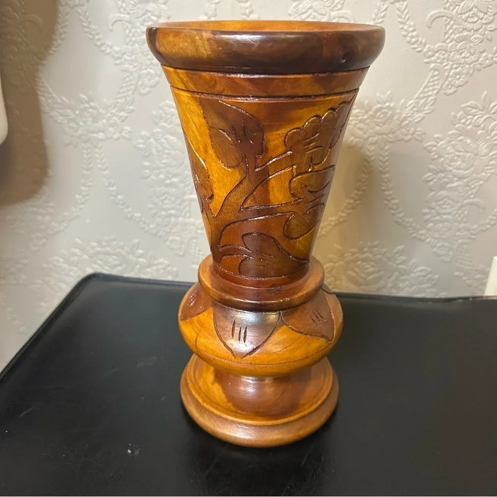 Handcrafted Wooden Vase Folk Art Wood Carved Floral Design 9” high 4.5” across - Picture 2 of 6